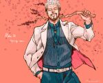  1boy achio888 aqua_pants beard branch dated facial_hair formal golden_kamuy hand_in_pocket holding holding_branch long_sleeves male_focus mustache nihei_tetsuzou petals pink_background solo standing striped striped_vest suit vest white_hair white_suit 