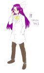  1girl absurdres adjusting_eyewear asakura_rikako bow bowtie brown_footwear buttons closed_labcoat coat commentary_request derivative_work eyelashes full_body glasses hair_ribbon hand_in_pocket highres korean_commentary kuya_(hey36253625) labcoat long_hair pants purple_eyes purple_hair purple_pants ribbon shirt simple_background standing touhou touhou_(pc-98) translation_request very_long_hair white_background white_coat white_ribbon white_shirt yellow_bow yellow_bowtie 