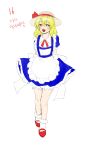  1girl absurdres apron back_bow bloomers blue_dress bobby_socks bow commentary_request derivative_work dress frilled_apron frilled_dress frills full_body hat hat_ribbon highres kana_anaberal korean_commentary kuya_(hey36253625) light_blush looking_at_viewer mary_janes open_mouth puffy_short_sleeves puffy_sleeves red_footwear red_ribbon ribbon shoes short_sleeves simple_background socks standing sun_hat suspenders teeth touhou touhou_(pc-98) translation_request underwear waist_apron white_apron white_background white_bloomers white_bow white_headwear white_legwear yellow_eyes 