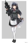  1girl absurdres apron assault_rifle bangs black_dress black_footwear black_hair blue_eyes bullpup closed_mouth commentary_request crossed_legs dress eyebrows_visible_through_hair fingerless_gloves fn_f2000 frilled_apron frills garter_straps gloves grey_background grey_gloves gun highres holding holding_gun holding_weapon loafers long_hair maid maid_headdress ndtwofives original puffy_short_sleeves puffy_sleeves rifle shoes short_sleeves smile solo thighhighs twitter_username two-tone_background very_long_hair weapon white_apron white_background white_legwear 