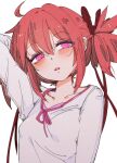  1girl arm_behind_head arm_up at2. blush character_request collarbone copyright_request eyebrows_visible_through_hair long_sleeves looking_at_viewer parted_lips pink_eyes red_hair shirt short_hair short_twintails solo twintails white_shirt 