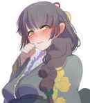  1girl at2. blush braid breasts brown_eyes brown_hair character_request copyright_request eyebrows_visible_through_hair lips long_hair long_sleeves looking_at_viewer medium_breasts parted_lips single_braid solo upper_body 