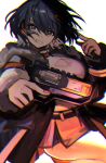  1girl absurdres apex_legends b3_wingman bangs black_hair black_jacket breasts cleavage cleavage_cutout clothing_cutout colored_inner_hair eyebrows_visible_through_hair fur_trim grey_hair grey_skirt gun handgun highres holding holding_gun holding_weapon indie_virtual_youtuber jacket multicolored_hair navel revolver shirasu_(mashiro_(rikuya)) skirt smile solo tarbo_(exxxpiation) v-shaped_eyebrows virtual_youtuber weapon 