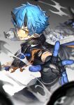  1boy absurdres blue_hair character_request copyright_request explosive grenade grenade_pin highres holding holding_grenade holding_weapon horns looking_at_viewer male_focus mouth_hold pointy_ears solo sora_(zwz030) symbol-only_commentary teeth weapon yellow_eyes 