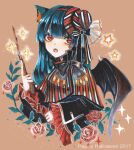  1girl 2017 animal_ears black_hair bow brown_background cat_ears cat_girl demon_wings flower happy_halloween hat highres long_hair long_sleeves looking_to_the_side mini_hat naruse_(skr_2520) original pale_skin red_eyes rose shirt sparkle star_(symbol) striped striped_shirt wand wings 