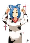  &gt;_&lt; 1girl absurdres animal_ear_fluff animal_ears animal_print arms_up blue_hair cat_ears chinese_commentary commentary_request cow_print eyes_visible_through_hair grin highres hinata_channel inugami_kokage linpiu long_sleeves nekomiya_hinata onesie parted_lips short_hair signature simple_background smile solo sparkle upper_body virtual_youtuber white_background 