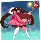  ailurid anthro areola big_breasts breasts clothing dress female hair hi_res holding_object holding_staff huge_breasts hyper hyper_breasts jwinkz legwear long_hair mammal nipples pigtails red_panda solo staff thigh_highs 