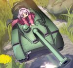  1girl grass ground_vehicle highres japanese_clothes kimono leaning_forward lizard long_sleeves military military_vehicle minigirl motor_vehicle obi open_mouth outdoors purple_hair red_eyes rock sash shope short_hair solo sukuna_shinmyoumaru tank touhou wide_sleeves 