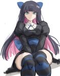  1girl bangs between_legs black_dress black_hair blue_bow blunt_bangs bow breasts collarbone colored_inner_hair commentary dress gothic_lolita hair_bow hand_between_legs highres huge_breasts lolita_fashion long_hair looking_at_viewer multicolored_hair panty_&amp;_stocking_with_garterbelt rakeemspoon sideboob simple_background sitting sketch smile solo stocking_(psg) striped striped_legwear thick_thighs thighhighs thighs two-tone_hair underwear white_background 