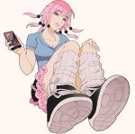  1girl black_skirt blue_eyes breasts cellphone cleavage collarbone flower flower_skirt full_body giganticbuddha head_tilt highres hirose_yasuho jojo_no_kimyou_na_bouken jojolion kneehighs medium_breasts parted_lips phone pink_flower pink_hair pink_lips pink_nails pink_rose rose shoes skirt smartphone sneakers solo 