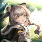  1girl animal_ears arknights bangs black_capelet blue_hair brown_eyes brown_hair capelet commentary_request day eyebrows_visible_through_hair fur-trimmed_capelet fur-trimmed_hood fur_trim hand_up highres honeyberry_(arknights) hood hood_down hooded_capelet looking_at_viewer looking_to_the_side low_twintails multicolored_hair open_mouth outdoors solo streaked_hair tree twintails upper_body yowamushi 