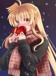  1girl bangs black_sweater blonde_hair blush box brown_scarf commentary covering_mouth eyebrows_visible_through_hair fate_testarossa fringe_trim gift gift_box heart-shaped_box holding holding_gift long_hair long_sleeves looking_at_viewer lyrical_nanoha mahou_shoujo_lyrical_nanoha_strikers night outdoors plaid plaid_scarf red_eyes scarf snowing solo sougetsu_izuki sweater tearing_up upper_body valentine 