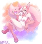  2022 4_toes 5_fingers anthro blep breasts canid canine feet female fingers fluffy fluffy_tail food fox fur hair holding_food holding_object long_hair looking_at_viewer mammal medium_breasts multicolored_hair neck_tuft nipples pink_body pink_eyes pink_fur pink_nipples pink_nose seamen simple_background solo toes tongue tongue_out tuft two_tone_hair white_body white_fur 