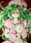  1girl analog_clock bangs beluo77 capelet chain clock closed_mouth commentary_request dress frilled_capelet frilled_nightgown frilled_sleeves frills green_eyes green_hair hat highres kazami_yuuka long_hair long_sleeves looking_at_viewer nightcap nightgown pajamas pink_capelet pink_dress pink_headwear pink_nightgown pink_pajamas pom_pom_(clothes) roman_numeral sleepwear touhou touhou_(pc-98) traditional_media upper_body very_long_hair 