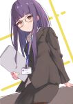 1girl alternate_hairstyle black_skirt black_suit blush brown_eyes collared_shirt commentary_request file112056 glasses highres holding holding_paper lanyard long_hair looking_at_viewer office_lady oogaki_chiaki paper purple_hair shirt skirt solo white_shirt yurucamp 