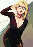  1girl absurdres alternate_costume blonde_hair blue_eyes breasts cleavage glasses hands_on_own_face highres king_(snk) king_rooper leaning_forward open_mouth the_king_of_fighters 
