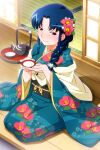  1girl bangs blue_eyes blue_hair blush braid braided_ponytail cup floral_print flower fujiwara_aya furisode hair_flower hair_ornament hair_over_shoulder japanese_clothes kimono long_hair long_sleeves looking_at_viewer non-web_source official_art photoshop_(medium) sakazuki seiza sitting sliding_doors smile solo super_real_mahjong tanaka_ryou tatami tokkuri tray wide_sleeves 