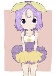  1girl :o absurdres bangs bare_arms bare_shoulders blush_stickers breasts brown_background cheerleader collarbone commentary_request dress eyebrows_visible_through_hair feet_out_of_frame hair_ribbon highres hiiragi_tsukasa lucky_star parted_bangs parted_lips pleated_dress pom_pom_(cheerleading) purple_dress purple_eyes purple_hair ribbon rururu_(pyrk8855) sleeveless sleeveless_dress small_breasts solo standing two-tone_background white_background yellow_ribbon 