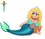  big_breasts blonde_hair blue_eyes blue_eyeshadow breasts crown donkey_kong_(series) donkey_kong_64 eyeshadow female hair hi_res humanoid makeup marine merfolk mermaid_(donkey_kong_64) mermaid_tail nintendo seashell seashell_bra shell somescrub split_form tiara video_games 