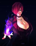  1girl apollo_(pixiv884782) bangs black_background black_choker breasts choker cleavage coat fire genderswap genderswap_(mtf) hair_over_one_eye highres jewelry large_breasts necklace open_clothes open_coat patterned_clothing purple_fire red_hair short_sleeves the_king_of_fighters yagami_iori 