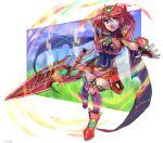  aegis_sword_(xenoblade) bangs black_gloves breasts chest_jewel earrings fingerless_gloves gem gloves headpiece highres jewelry large_breasts oomasa_teikoku pyra_(xenoblade) red_eyes red_hair red_legwear red_shorts short_hair short_shorts shorts swept_bangs sword thighhighs tiara weapon xenoblade_chronicles_(series) xenoblade_chronicles_2 