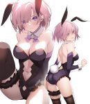  1girl animal_ears arm_warmers ass back backless_outfit bare_shoulders black_legwear blush breasts bunny_day cleavage clothing_cutout cowboy_shot detached_collar eyebrows_visible_through_hair eyes_visible_through_hair fake_animal_ears fake_tail fate/grand_order fate_(series) from_behind hair_between_eyes highres leotard looking_at_viewer looking_back mash_kyrielight medium_breasts midriff multiple_views navel navel_cutout open_mouth pink_hair playboy_bunny purple_eyes purple_leotard rabbit_ears rabbit_tail revision short_hair siino simple_background sitting tail thigh_strap thighhighs white_background wrist_cuffs 