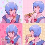  ayanami_rei blue_hair doughnut eating food ice_cream key35461 neon_genesis_evangelion noodles pizza pizza_slice red_eyes school_uniform tokyo-3_middle_school_uniform_(evangelion) 