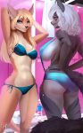  absurd_res anthro art-abaddon bikini black_nose blonde_hair blue_bikini blue_clothing blue_eyes blue_swimwear bottled_water breasts butt canid canine clothing digital_media_(artwork) duo eyelashes female fur green_eyes grey_body grey_fur grey_hair hair hands_behind_head hi_res inside locker_room long_hair mammal navel shaded standing swimwear tan_body tan_fur towel 