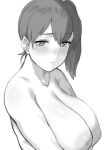  1girl breasts brown_hair inverted_nipples kaga_(kancolle) kantai_collection large_breasts looking_at_viewer mm_(yoromu) monochrome nipples side_ponytail simple_background topless white_background 