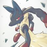  aberu_(ycrr3542) closed_mouth commentary_request eye_trail glowing glowing_eyes grey_background looking_back lucario mega_lucario mega_pokemon pokemon pokemon_(creature) red_eyes solo spikes yellow_fur 
