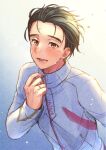  1boy black_hair blush brown_eyes hair_slicked_back jacket jewelry katsuki_yuuri male_focus open_mouth ring smile sweat track_jacket twc_(p-towaco) upper_body yuri!!!_on_ice 