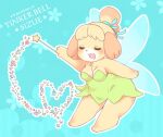  &lt;3 accessory animal_crossing anthro blonde_hair blush breasts canid canine canis cleavage clothed clothing crossover digital_media_(artwork) domestic_dog dress english_text eyes_closed feet female fingers flower fur hair hair_accessory hair_ribbon isabelle_(animal_crossing) magic magic_wand mammal nintendo open_mouth peter_pan plant ribbons shih_tzu simple_background smile solo text tinker_bell_(disney) toes toy_dog video_games wings yellow_body yellow_fur yokikana_yk 