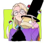  1boy avery_(pokemon) black_headwear black_jabot black_neckwear blonde_hair blue_eyes border closed_mouth commentary_request floating floating_object galarian_slowpoke glasses hat hatted_pokemon highres long_hair male_focus on_shoulder poke_ball poke_ball_(basic) pokemon pokemon_(creature) pokemon_(game) pokemon_on_shoulder pokemon_swsh round_eyewear shirt smile t1ger_spuma telekinesis top_hat white_border 