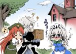  1boy 2girls ? angry box chinese_clothes forest frown glasses hat hidefu_kitayan hong_meiling izayoi_sakuya japanese_clothes knife maid_headdress morichika_rinnosuke multiple_girls nature red_hair scarlet_devil_mansion touhou white_hair 