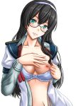  1girl black_hair blue_bra bra breasts collarbone glasses green_eyes hip_vent kantai_collection long_hair long_sleeves medium_breasts navel nipples one_breast_out ooyodo_(kancolle) ooyodo_kai_(kancolle) open_clothes open_shirt oyabun_(higashi) ribbon semi-rimless_eyewear smile solo under-rim_eyewear underwear upper_body white_ribbon 