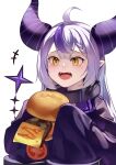  +++ 1girl ahoge blush braid burger burger_malfunction collar commentary_request demon_horns donggua_bing_cha food highres holding holding_food hololive horns jacket la+_darknesss long_sleeves metal_collar multicolored_hair open_mouth pointy_ears purple_hair purple_jacket silver_hair simple_background sleeves_past_fingers sleeves_past_wrists solo streaked_hair tearing_up upper_body virtual_youtuber white_background yellow_eyes 