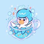  +_+ afloat blue_background blue_eyes blush_stickers commentary cup in_container in_cup leaphere no_humans parted_lips pokemon pokemon_(creature) quaxly solo sparkle star_(symbol) teacup water 