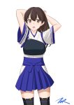  1girl alternate_hairstyle arms_behind_head black_legwear blue_hakama brown_eyes brown_hair cowboy_shot hair_down hakama hakama_short_skirt hakama_skirt highres japanese_clothes kaga_(kancolle) kaga_kai_ni_(kancolle) kantai_collection long_hair looking_at_viewer muneate simple_background skirt solo t2r tasuki thighhighs white_background 