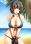  1girl adapted_costume beret bikini black_gloves black_hair blue_bikini blue_headwear breasts day front-tie_bikini front-tie_top gloves hat kantai_collection large_breasts outdoors oyabun_(higashi) palm_tree red_eyes short_hair solo swimsuit takao_(kancolle) tree 