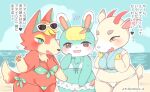  accessory animal_crossing anthro audie_(animal_crossing) beach bikini blonde_hair blue_eyes breasts camel_toe canid canine canis chest_tuft clothed clothing digital_media_(artwork) eyewear female fingers fur green_body green_fur group hair hair_accessory hooves horn lagomorph leporid looking_at_viewer mammal nintendo open_mouth orange_body orange_fur outside pawpads rabbit sand sasha_(animal_crossing) seaside shino_(animal_crossing) sky smile sunglasses swimwear text topwear translation_request tuft video_games water white_body white_fur wolf yokikana_yk 