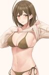  1girl ahoge armpits beige_shirt bikini bikini_under_clothes blush breasts brown_hair cleavage clothes_lift highres himoshuuryou huge_ahoge idolmaster idolmaster_shiny_colors kuwayama_chiyuki large_breasts lifted_by_self light_smile looking_at_viewer midriff navel shirt_lift side-tie_bikini simple_background skindentation solo stomach swimsuit white_background 