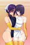  2girls apron bangs bare_shoulders blue_eyes blush breast_press breasts commentary cyclops elbow_gloves english_commentary eyebrows_visible_through_hair fingerless_gloves gloves highres large_breasts lindaroze looking_at_viewer manako meme_redon monster_musume_no_iru_nichijou monster_musume_no_oisha-san multiple_girls naked_apron one-eyed patreon_username purple_eyes purple_hair sideboob small_breasts thighhighs twitter_username yellow_gloves yellow_legwear 
