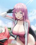  1girl artist_name bangs black_gloves blue_sky blurry blurry_background blush breasts capelet cleavage cloud collarbone confetti covered_navel ducati eyebrows_visible_through_hair gloves groin ground_vehicle hand_up highres keenh large_breasts leaning_forward leotard long_hair looking_at_viewer motor_vehicle motorcycle open_mouth original outdoors pink_eyes pink_hair pink_leotard race_queen shrug_(clothing) sky solo straight_hair swept_bangs very_long_hair 