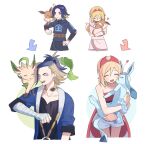  1boy 1girl :d adaman_(pokemon) affectionate arrow_(symbol) black_skirt blonde_hair blue_coat blue_hair blue_jacket closed_mouth coat collarbone commentary_request diamond_clan_outfit eevee glaceon green_hair hairband hand_on_hip heart irida_(pokemon) jacket leafeon multicolored_hair open_mouth pankona_(ubsssss) pearl_clan_outfit pokemon pokemon_(creature) pokemon_(game) pokemon_legends:_arceus pokemon_on_arm ponytail red_hairband red_shirt shirt shorts skirt smile strapless strapless_shirt teeth tied_hair tongue upper_teeth waist_cape white_background white_shorts younger 