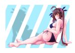  1girl ass bangs bare_legs barefoot bikini blue_bikini blue_swimsuit blush breasts brown_hair closed_mouth commission eyebrows_visible_through_hair full_body girls&#039;_frontline hair_ribbon hand_on_floor hand_on_thigh highres legs long_hair looking_at_viewer looking_to_the_side lying m14_(girls&#039;_frontline) medium_breasts on_side pixiv_request ribbon sideboob simple_background smile soles solo sugac swimsuit thighs twintails yellow_eyes 