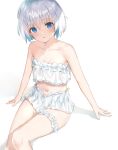 1girl absurdres bare_arms bare_shoulders blue_eyes breasts collarbone commentary cowboy_shot eyebrows_visible_through_hair frilled_skirt frilled_straps frills grey_hair hair_between_eyes highres knees_together_feet_apart looking_at_viewer multicolored_eyes navel original parted_lips shaded_face shadow shiny shiny_skin short_hair simple_background sitting skirt small_breasts solo thigh_strap thighs white_background white_hair white_skirt yuu_maraa 