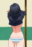  1girl absurdres ass backboob black_hair breasts butt_crack clothes_lift cowboy_shot from_behind green_panties highres kill_la_kill kpiz_(llinkx123) matoi_ryuuko medium_breasts medium_hair meme multicolored_hair no_pants panties red_hair ryuko_redraw_(meme) school_uniform serafuku shiny shiny_skin skindentation solo streaked_hair striped striped_panties thighs underwear undressing white_panties 