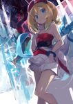  absurdres arm_wrap glaceon hairband highres irida_(pokemon) jewelry kaamin_(mariarose753) knees neck_ring pokemon pokemon_(game) pokemon_legends:_arceus red_hairband red_shirt shirt shorts strapless strapless_shirt waist_cape white_shorts 