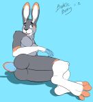  3_toes 5_fingers anthro biped black_eyebrows black_nose blue_background blue_body blue_eyes blue_fingers blue_fur blue_tail bucklebunny butt claws dipstick_ears eyebrows feet fingers fur grey_ears grey_hair hair hi_res inner_ear_fluff lagomorph lars_(lewrex) leporid looking_aside lying male mammal multicolored_ears neck_tuft nipples on_ground on_side open_mouth open_smile orange_body orange_ears orange_fur orange_tail pink_tongue presenting presenting_hindquarters rabbit raised_eyebrow scut_tail short_hair short_tail signature simple_background smile solo teeth toes tongue tuft white_claws white_inner_ear white_inner_ear_fluff 