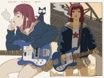  1girl animal_on_shoulder bangs blue_jacket bridge cat cat_on_shoulder cigarette closed_eyes collarbone electric_guitar english_text flcl giganticbuddha guitar highres instrument jacket medium_hair miniskirt nirvana_(band) parody pink_nails red_eyes red_hair sailor_collar samejima_mamimi skirt smoke smoking takkun_(flcl) 